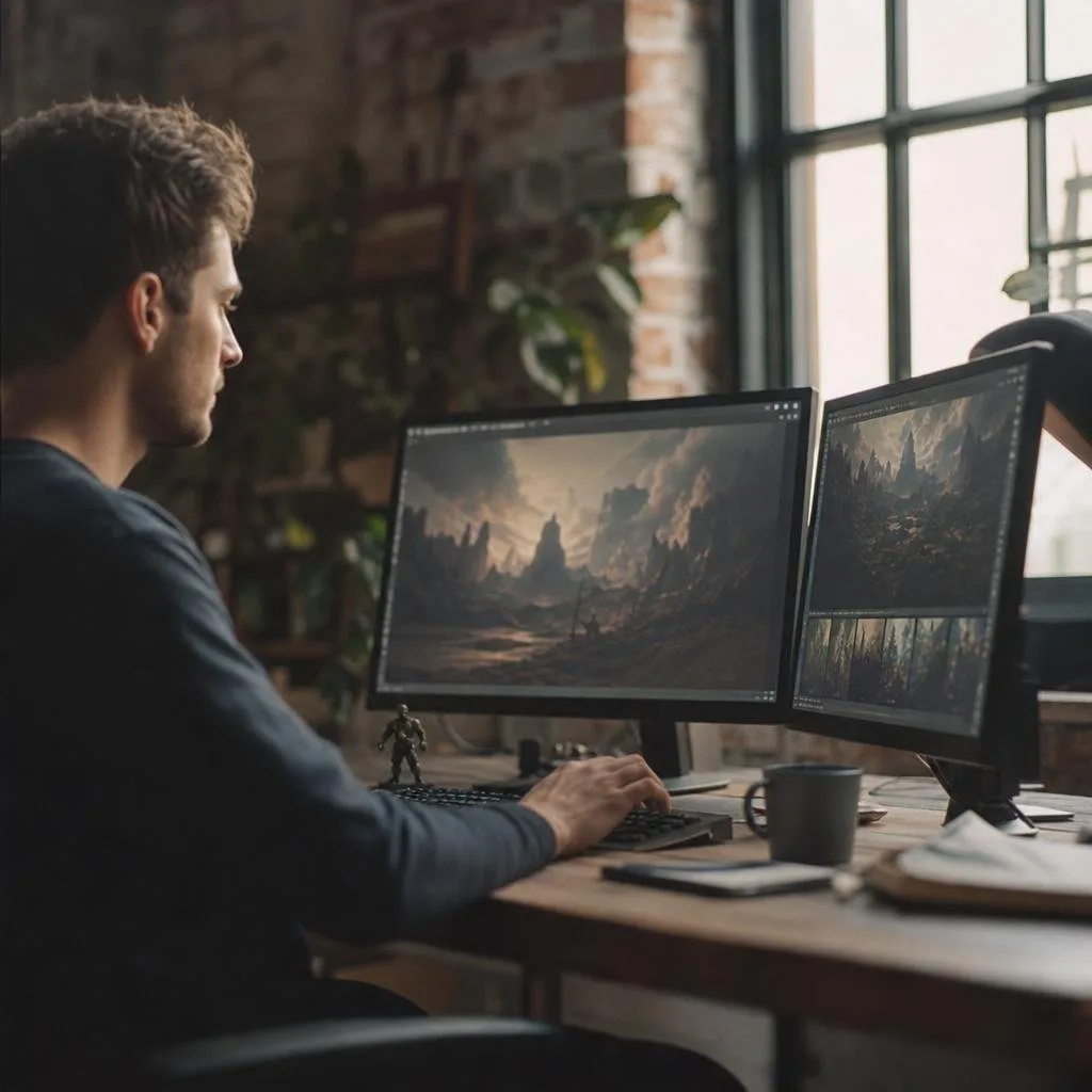 Warm home office corner with a gaming setup at dusk
