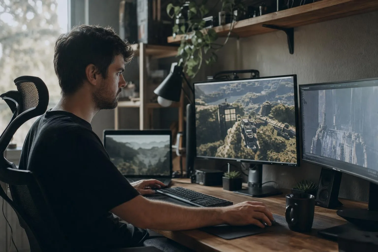 Game developer workstation lit by monitors at night